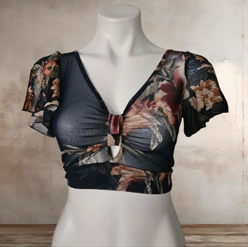 Olive Tree Floral Mesh Tie-Front Crop Top Small